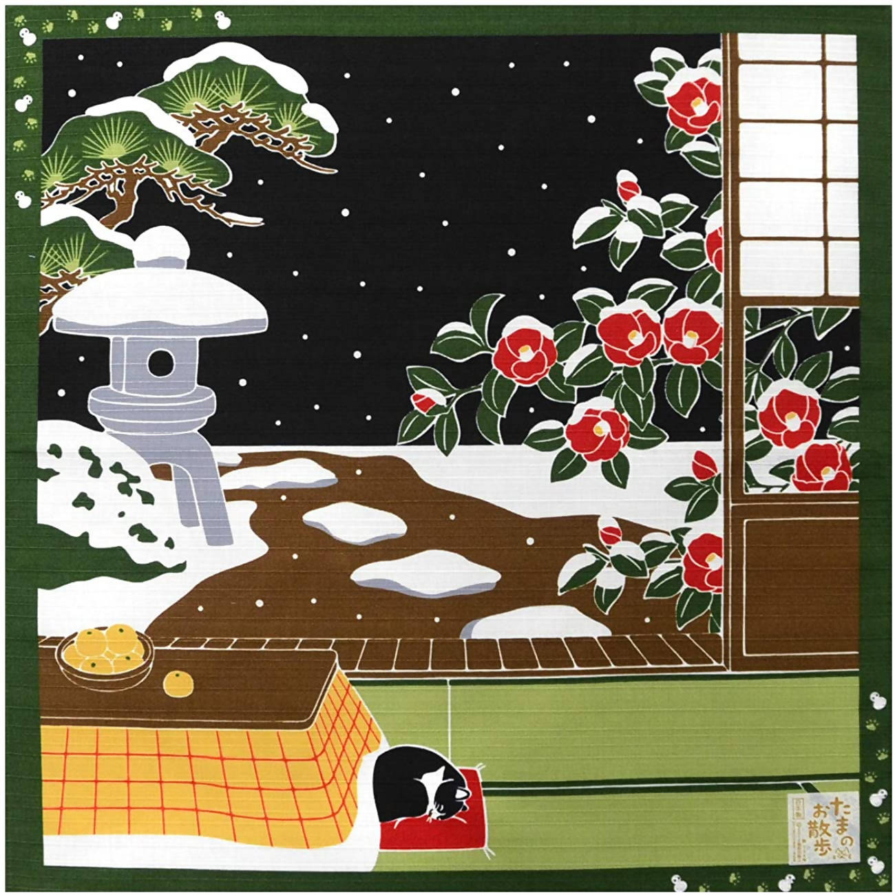 Ko-Furoshiki Japanese Traditional Wrapping Cloth & Decoration – Tama the Cat’s Winter Camellias