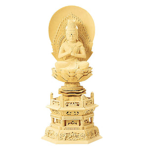 Cypress Wood Japanese Buddha Statue – Shiraki Hexagonal Pedestal – Shingon School – 21.6 cm Height