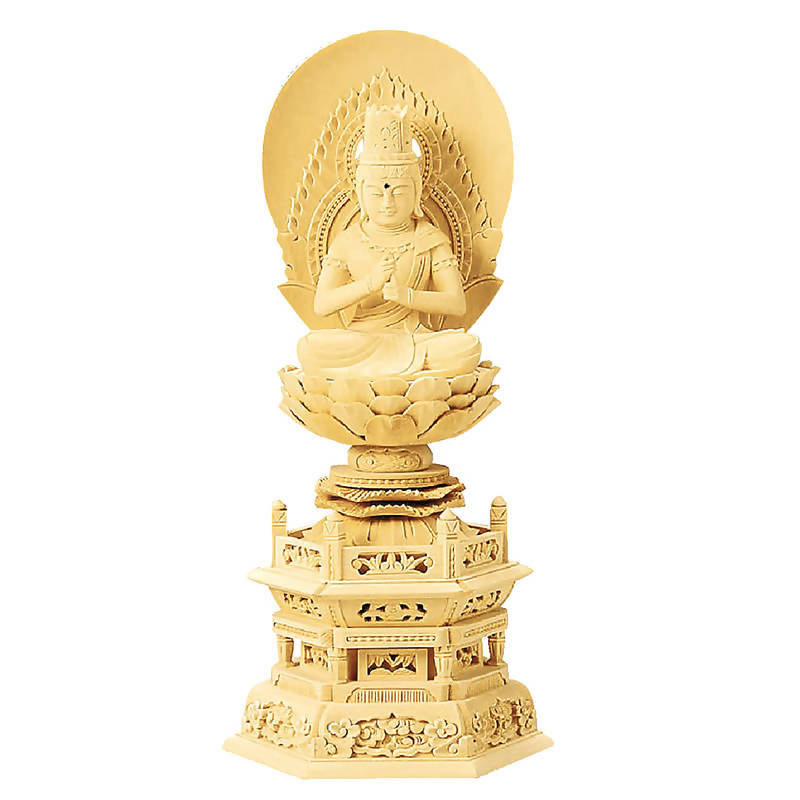 Cypress Wood Japanese Buddha Statue – Shiraki Hexagonal Pedestal – Shingon School – 37.5 cm Height