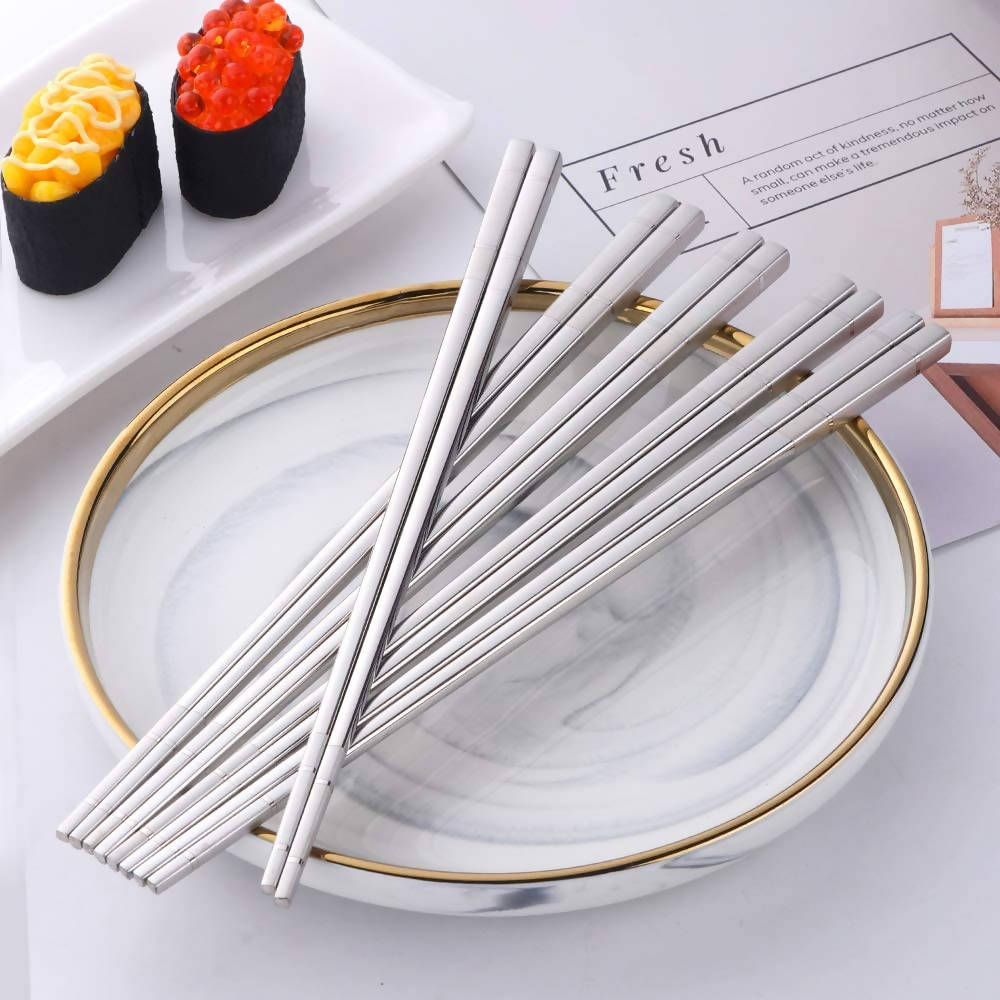 BUYER STAR Stainless Steel Japanese Chopsticks – Silver Color – Set of 5 – 23cm