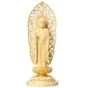 Cypress Wood Japanese Buddha Statue – Shiraki Maru Round Low Pedestal – Jodo Shu Pure Land School – 17.9 cm Height