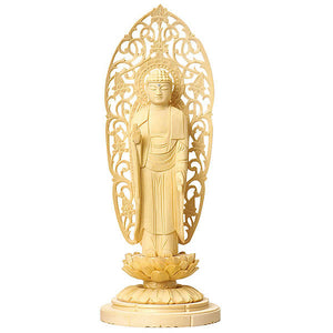 Cypress Wood Japanese Buddha Statue – Shiraki Maru Round Low Pedestal – Jodo Shu Pure Land School – 28.7 cm Height